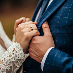 Fototapeta premium Wedding ring bride and groom holding hands close up romantic moment marriage love and commitment ceremony