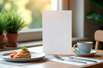 Blank Menu Card on Table Setting with Food and Coffee
