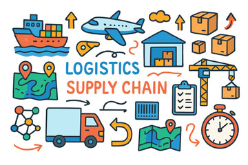 Logistics Doodle World. Logistics and supply chain. Colorful Hand-drawn doodle Children illustration Logistics and supply chain cargo ship, delivery truck,