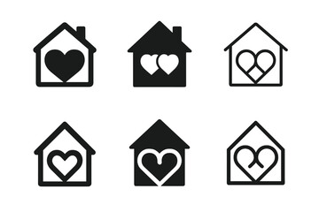 Obraz premium Harmonious Hearts House. Building a successful marriage or partnership. Set Logo of house with two hearts: harmonious logo variations of the same emblematic