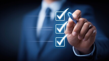 A person in a business suit is completing a checklist, symbolizing progress and achievement.