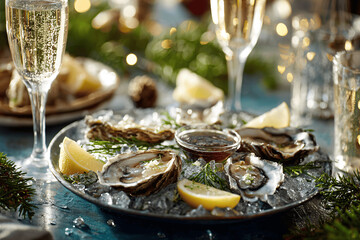 Fresh French oysters with lemon and champagne for Christmas celebration