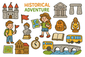 Obraz premium Historical Adventure Icons. historical adventure. Colorful Hand-drawn doodle Children illustration historical adventure castle, museum, ancient monument,