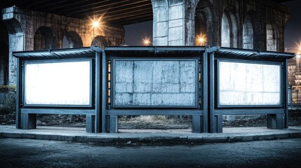 Modern illuminated advertising display stand with empty screens under bridge at night in urban setting for marketing promotion