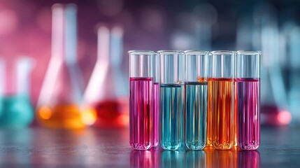 Colorful test tubes filled with vibrant liquids in a laboratory setting.