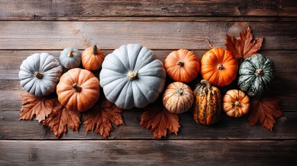 Autumn harvest of pumpkins and gourds on a rustic wooden background.