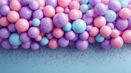 A vibrant display of pastel balloons in shades of pink, purple, and blue.