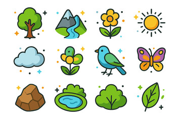 Colorful Eco Icons. Eco environment. Colorful isometric vector icons set of eco environment: tree, mountain, river, sun, cloud, flower, bird, butterfly, rock,