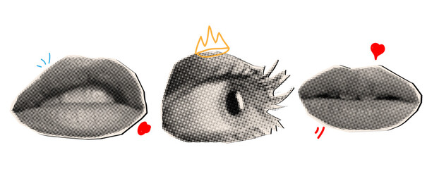 Halftone collage mouths and eye and doodles