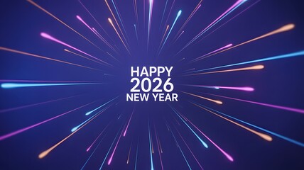 Vibrant abstract burst of colorful light streaks radiating outwards from the center with the text happy 2026 new year