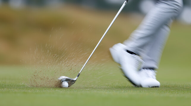 Close-up of golfer swinging club, motion blur and grass flying