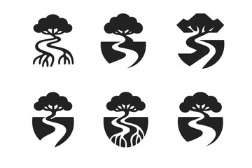Naklejka premium Jungle River Logos. Jungle river. Set Logo of Jungle river: meander with mangrove roots. harmonious logo variations of the same emblematic concept, each with