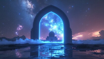 Futuristic scene of glowing portal revealing mosque beneath galaxy stars. Surreal blend of islamic spirituality and sci-fi atmosphere, perfect for conceptual religious design.