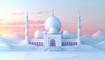 Stylized 3D pastel mosque surrounded by abstract dunes under sunrise sky. Minimal modern islamic background perfect for ramadan, eid, or spirituality design compositions.