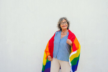 Senior woman smiling, proud lgbtq community supporter