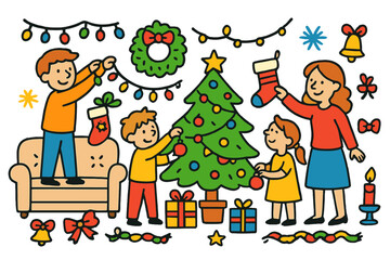 Festive Family Decorating. decorating the house together for the holidays. Colorful Hand-drawn doodle Children illustration decorating the house together for