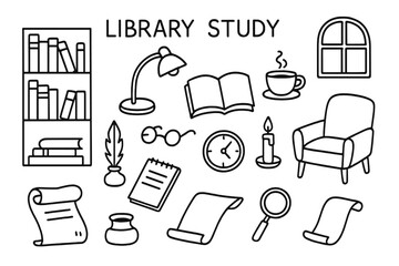 Library Study Doodles. Library study. Hand-drawn doodle illustration library study bookshelf, open book, reading lamp, glasses, coffee cup, chair, notebook,