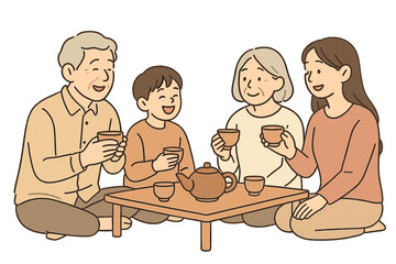 Peaceful Family Gathering. Family. A peaceful family gathering around a low wooden table, sharing tea and laughter. The scene reflects the calm warmth of