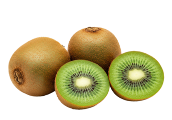Two whole kiwi fruits with fuzzy skin and two vibrant emerald green wedges with black seeds and white core, on a transparent background with copy space, soft studio light, concept of healthy eating