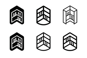 Obraz premium Corner Bookshelf Icons. A Corner Bookshelf That Fits Perfectly in a Small Space. Set Logo of Corner Shelf Icon: Minimal outline, Negative space, Flat solid,