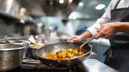 Chef stirring sauce in pan, reflections of warm kitchen light