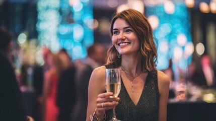 Businesswoman Celebrating with Champagne at Elegant Event