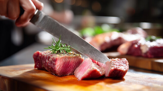 Knife cutting meat with precision, rich kitchen lighting