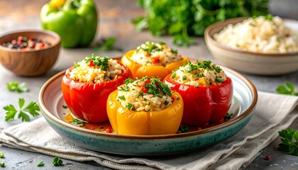 Stuffed bell peppers with rice and herbs arranged on a plate indoors