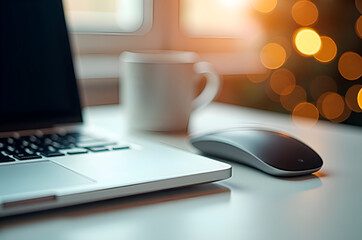 Modern workspace with laptop, mouse and coffee cup on desk