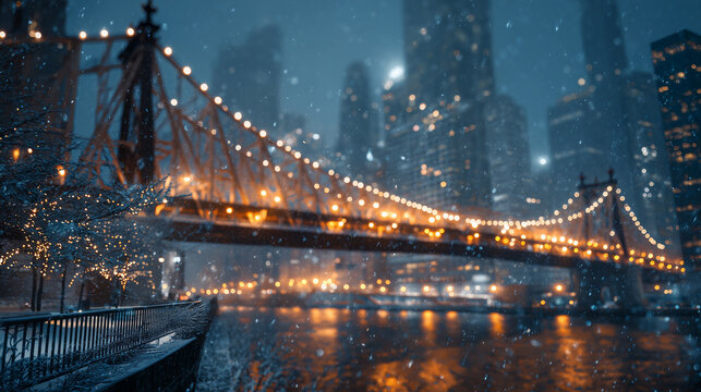 Snowy Cityscape with Illuminated Bridge and Skyscrapers on a Winter Evening, Capturing the Sparkling Reflection on Water. Image made using Generative AI. - Powered by Adobe