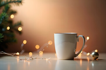 Cozy Holiday Scene with Mug and Fairy Lights - Winter Warmth