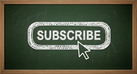 A chalkboard with a wooden frame displays a handdrawn white button labeled subscribe, accompanied by a cursor, suggesting a call to action for online content subscription