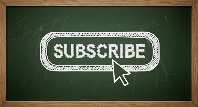 A chalkboard with a wooden frame displays a handdrawn white button labeled subscribe, accompanied by a cursor, suggesting a call to action for online content subscription