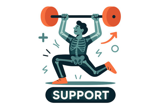 Dynamic Bone Strength. Exercise ? Strong Bones. Figure lifts a clean shape bar above the head; subtle X-ray lines show sturdy structure. Word ?support? glows