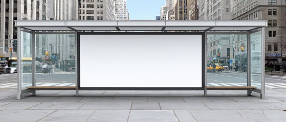 Modern glass bus shelter with a large blank advertisement space in an urban city setting with buildings and traffic background in daytime