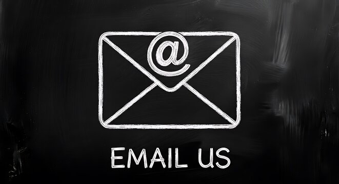 A chalkboard drawing of an email envelope with the at symbol, accompanied by the words email us, suggesting communication and contact information - Powered by Adobe