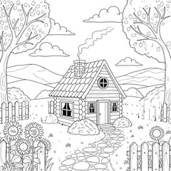 Charming rustic wooden cabin nestled in a picturesque landscape with sunflowers and rolling hills awaiting coloring