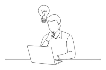 businessman with Desk and Lightbulb,
Person at Desk with Lightbulb,
Continuous Line Drawing Symbolizing Ideas and Creativity