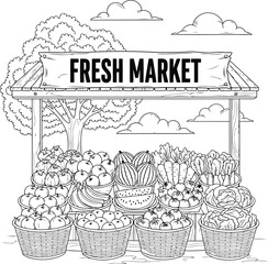 Hand drawn sketch of a charming outdoor fresh market stall overflowing with baskets of ripe fruits and vegetables under a sunny sky
