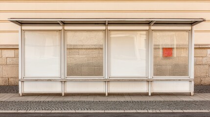 Empty vintage bus stop shelter with large glass and metal frame on a city sidewalk du daytime