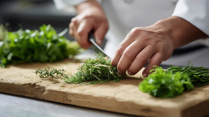 Close-up of chefâs hands chopping herbs on wooden board