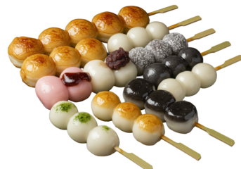 Diverse collection of traditional Japanese sweets: dango, taiyaki, dorayaki, mochi, castella cake, senbei, on a transparent background, photorealistic still life, concept of Japanese culinary artistry