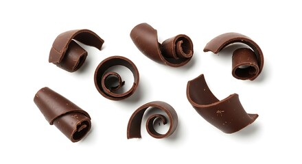 Isolated on white background, a delectable assortment of dark chocolate curls, each one a testament to the artistry and indulgence of confectionery