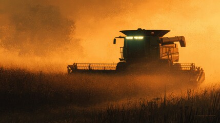 Combine Harvester in Mid-Harvest with Dust and Golden Light