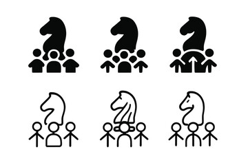 Obraz premium Political Influence Logos. Political influence. Set Logo of Political influence: chess knight guiding crowd arrows. Icon set. harmonious logo variations of the