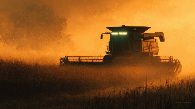 Combine Harvester in Mid-Harvest with Dust and Golden Light