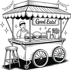 Hand drawn sketch of a classic food cart serving delicious burgers fries and drinks with a friendly vendor