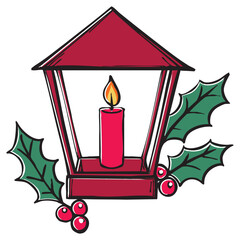 Hand drawn Christmas Lantern with holly and berries. Winter holiday Candle light Decoration line art vector illustration. 