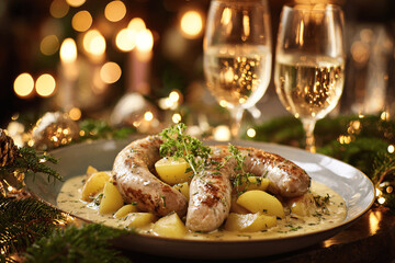 Traditional French boudin blanc with apples for cozy Christmas dinner