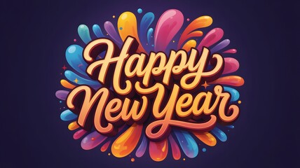 Vibrant and colorful artistic lettering of happy new year surrounded by abstract splashes of paint and confetti against a dark background